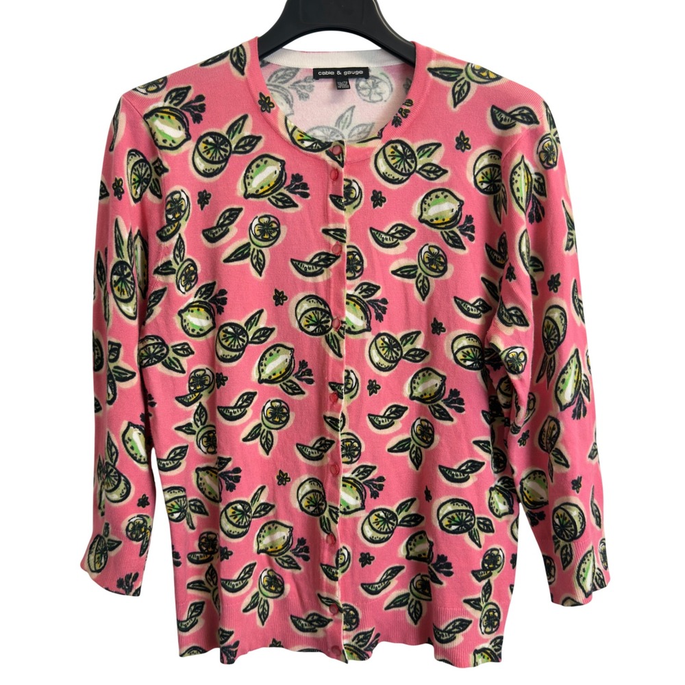 Cable & Gauge Women's XL Pink Lemon Lime Citrus Print Cardigan Sweater
